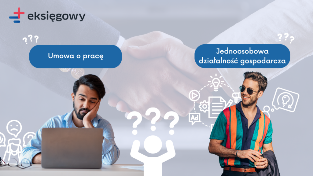 Porównanie etatu i JDG – zamyślony pracownik przy laptopie obok rozluźnionego freelancera w kolorowej koszuli, ilustrujące różnice w obciążeniach ZUS i podatku przy przychodzie 120 000 zł rocznie.