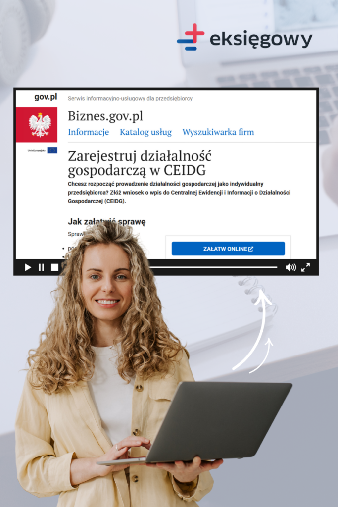 Kobieta z laptopem i zrzut ekranu rejestracji jednoosobowej działalności gospodarczej w CEIDG na gov.pl, symbolizujący proces zakładania JDG w 2025 roku.
