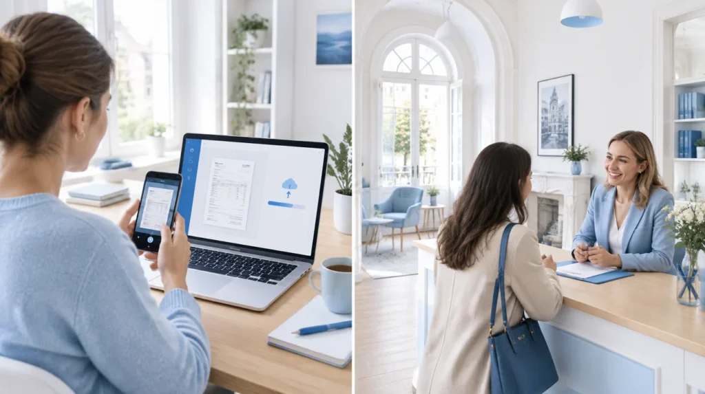 Po lewej praca z księgowością online przez telefon i laptop, po prawej spotkanie w lokalnym biurze rachunkowym (ilustracja AI)