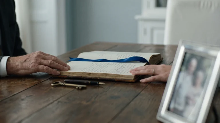 Księgowość fundacji rodzinnej – otwarta księga, mosiężny klucz i dłonie dwóch pokoleń w gabinecie willi (ilustracja)
